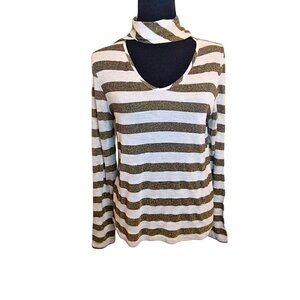 FOREVER 21 GOLD AND CREAM STRIPE BLOUSE WITH WRAP COLLAR - SIZE S